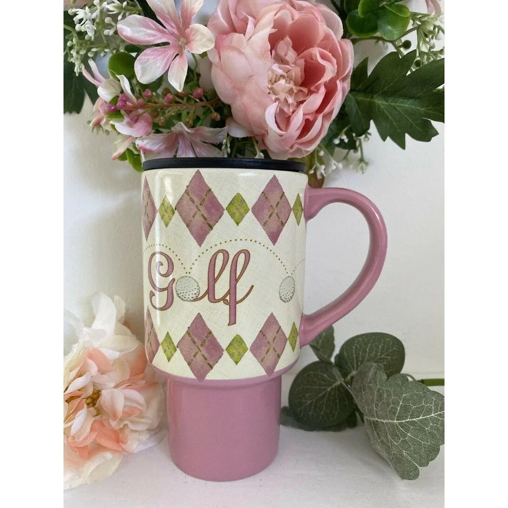 Lang Golf Travel Mug Pink‎ Argyle Ceramic Lid Golf